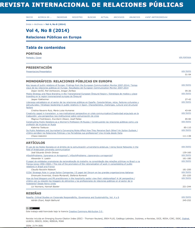 Portada de la Revista Relaciones Públicas, 8